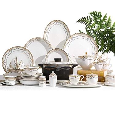 Imagem de U5GAAALPPQ9 Conjunto de louça de cerâmica com tigela de 66 peças, prato/pote de sopa/colher, conjunto de jantar com chávena de café e pires, conjunto de combinação de porcelana com padrão Phnom