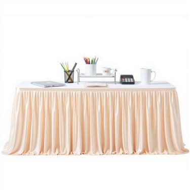 Imagem de Saia de mesa champanhe retangular, saias de mesa de 2,7 m, saia de mesa para professor, sala de aula, dormitório, festa, aniversário, formatura, banquete, casamento, poliéster, plissada, saia de mesa