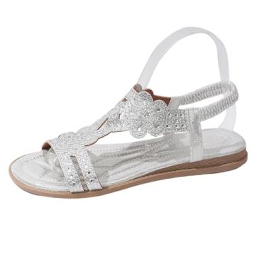 Imagem de Sandálias femininas casuais com tiras elásticas com detalhes de cristal e um salto plataforma inclinado para uso confortável, Prata, 38