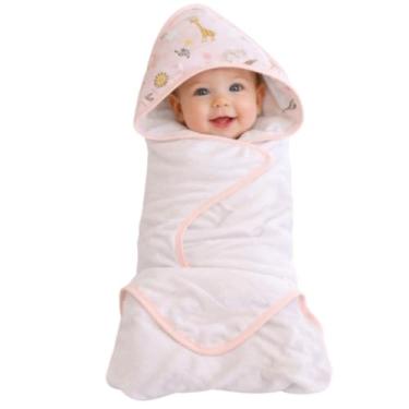 Imagem de Toalha de Banho com Capuz para Bebê, Estampa Safari, 100% Algodão, 70x70cm, Absorvente, Macia e Hipoalergênica (Rosa)