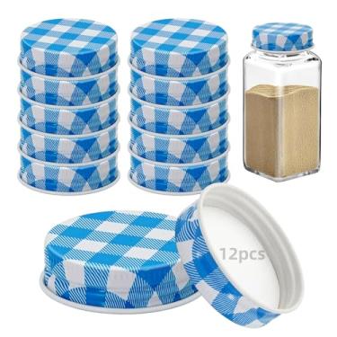 Imagem de 12 tampas de potes de ferro para potes quadrados de 113 g e 170 g reutilizáveis latas herméticas de armazenamento de especiarias para cozinha de boa vedação (grade azul)