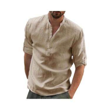 Imagem de Camisa Masculina Casual De Algodão E Linho, Blusa Solta De Manga Longa