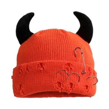 Imagem de Gorro De Inverno Unissex Com Chifres De Diabo Em Tricô, Touca Quente D