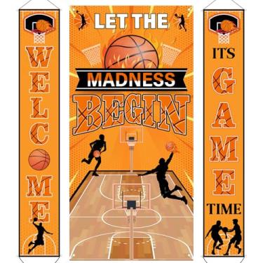 Imagem de 3 peças de decorações de festa de basquete, conjunto de banner de basquete Let The Madness Begin capa de porta pendurada Welcome It's Game Time Letreiro de varanda para uso interno ao ar livre março