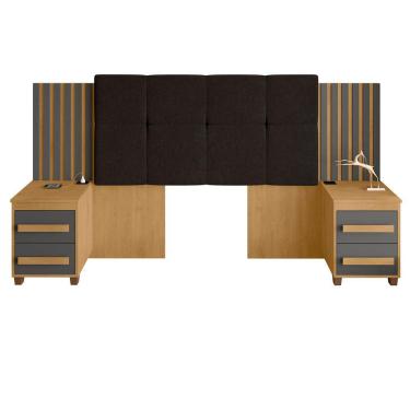 Imagem de Cabeceira Casal Extensível Com 2 Mesas De Apoio Ripado E Estofado Cinamomo Com Grafite Suíça - Rv Móveis