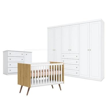 Imagem de Quarto Bebê Americano 6 Portas Berço Americano Q Encanto 3820 Retrô Freijó Toq Branco...