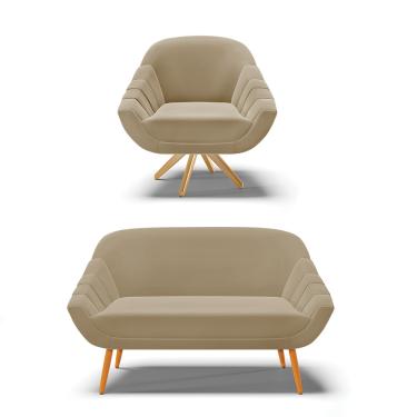 Imagem de Kit 01 Namoradeira 02 Lugares e 01 Poltrona Giratória Giovana Suede Marrom Rato Base Madeira MA30 - D'Rossi