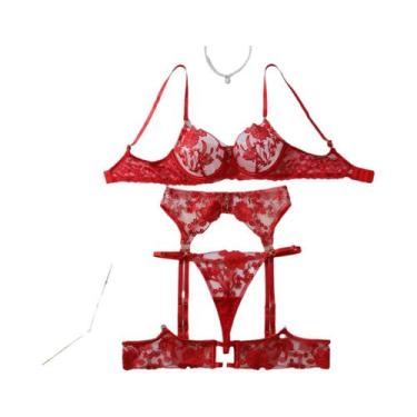Imagem de Conjunto De Lingerie Slim Fit Vermelho Com Bordado De Rosa E Decoração