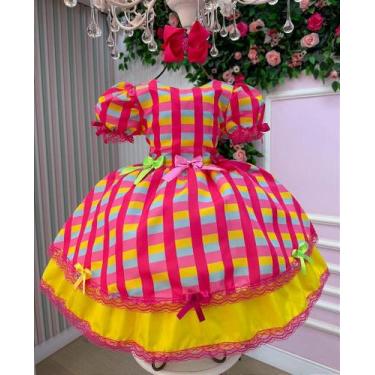 Imagem de Vestido Infantil Junino Xadrez Rosa Luxo Quermesse Feliz - Festas Juni