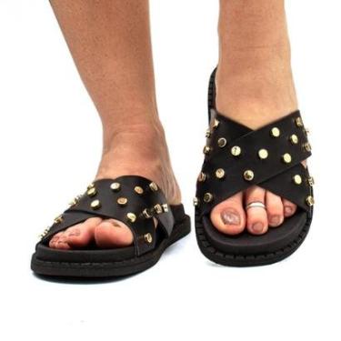 Imagem de Sandália Flatform Feminina Casual Papete Plataforma Flat Brilho Enfeite Metálico-Feminino