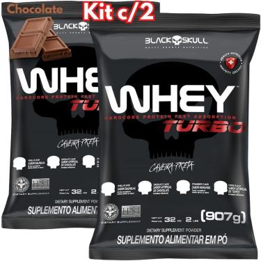 Imagem de 2x Whey Protein Concentrado Turbo Refil 907g Kit 2X Black Skull Ganho de Massa Muscular 3W-Unissex