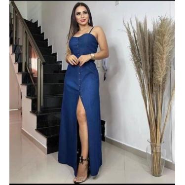 Imagem de Vestido Longo Jeans Feminino de alça regata e Botões Frontal luxo: Tam