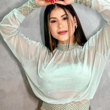 Imagem de Blusa cropped manga longa gola alta de tule mais corpo, Verde,  M