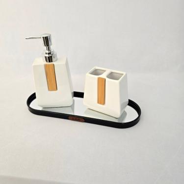 Imagem de Jogo de Banheiro Lavabo 2 Peças Porta Sabonete Líquido e Escovas Cerâmica e Bambu Branco Braswu