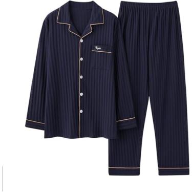 Imagem de Pijama masculino define algodão de manga comprida, manga longa de tecido de tecido de botão com roupão de banho e calça superior de 3, azul escuro02,3xl