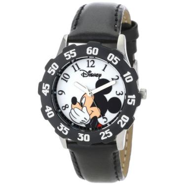 Imagem de Disney Relógio infantil de aço inoxidável W000850 "Tween Mickey Mouse" com pulseira de couro preta, Preto
