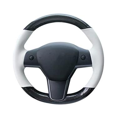 Imagem de Capa de volante de carro costurada à mão, adequada para modelos Tesla 3 2015-2020 modelo Y 2019 2020 acessórios para carro DIY (2 fios amarelos)