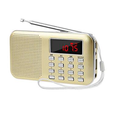 Imagem de LEFON Mini alto-falante digital AM FM Radio Media Speaker MP3 Music Player suporta cartão TF/USB Disk com tela LED e função de lanterna de emergência (Dourado atualizado)