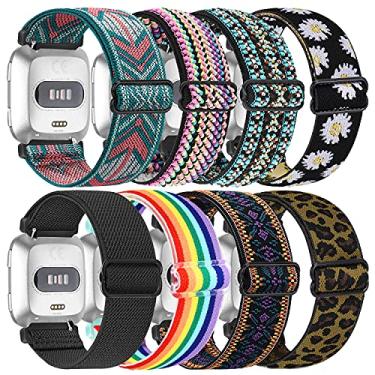 Imagem de Pacote com 8 pulseiras elásticas compatíveis com Fitbit Versa 2/Fitbit Versa para mulheres e homens, pulseiras de substituição de tecido de nylon elástico ajustável com alça solo, pulseiras de substituição