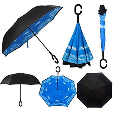 Imagem de owen kyne Guarda-chuva invertido dobrável de camada dupla à prova de vento, com proteção contra chuva de cabeça para baixo, guarda-chuvas reversos com alça em forma de C (azul celeste)