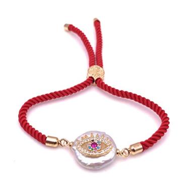 Imagem de Bracelete de cetim vermelho com olhos do mal pérola barroco ajustável joia fashion