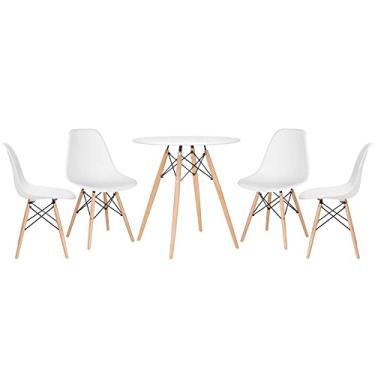 Imagem de Loft7, Kit Mesa Redonda Eames 70 cm Branco + 4 Cadeiras Eames DSW, Polipropileno, Aço e Madeira, Escritório, Sala de Estar e Sala de Jantar - Branco