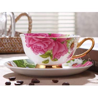 Imagem de Conjunto de xícaras de chá e pires de porcelana xícara de café de flor de rosa conjunto de xícaras femininas xícaras de café vintage de cerâmica (rosa rosa)