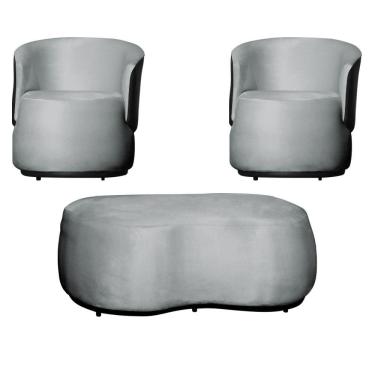 Imagem de Kit 2 Poltronas e 1 Puff Grande Estilo Orgânico Beatriz Veludo Composê Corino Preto - Estopar