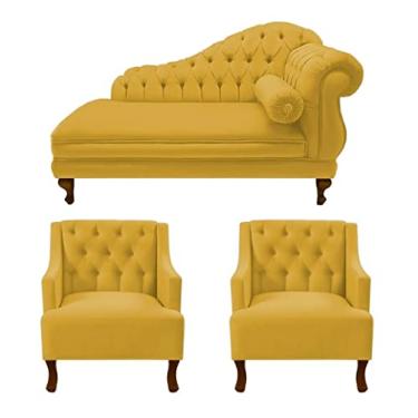Imagem de Recamier Larissa 185 cm Esquerdo de quem senta e 2 Poltronas Genesis Suede Amarelo - DL Decor
