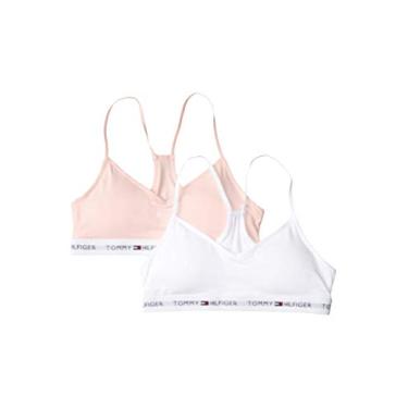 Imagem de Tommy Hilfiger Sutiã esportivo feminino (pacote com 2), alças nadador e cintura elástica macia, algodão e elastano, Estrela sólida cristal rosa - branco, 8-10