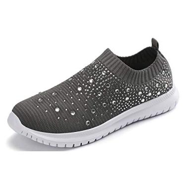 Imagem de GOSPT Tênis feminino de malha para caminhada, strass, glitter, sem cadarço, para salão, jazz, dança latina, meia, Cinza, 34