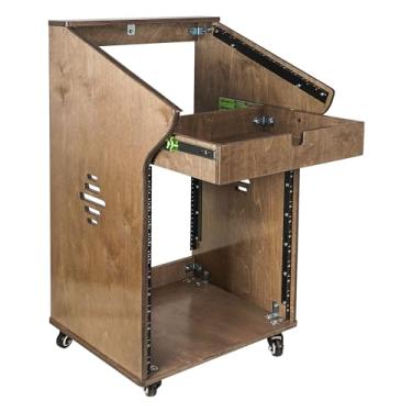 Imagem de Sound Town Rack de estúdio DIY com misturador inclinado 11U, frente 12U, gaveta 2U, pés de borracha, rodízios, madeira compensada báltico, marrom envelhecido (SDRK-M11X12B)
