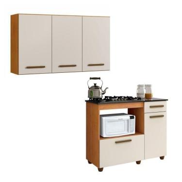 Imagem de Conjunto Armário Aéreo 3 Portas e Balcão para Cooktop 4 bocas 2 Portas 1 Gaveta Marrom/Off White