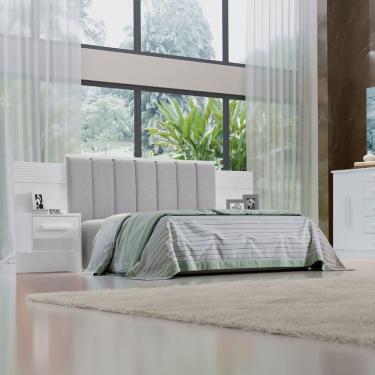 Imagem de Cabeceira Casal Queen 160 Cm Ripada 100% Mdf Estofada Isis com 02 Mesas de Cabeceira Branco/Prata