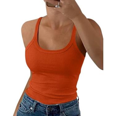 Imagem de EADINVE Camiseta regata feminina com alças finas, gola redonda, sem mangas, canelada, Laranja, PP