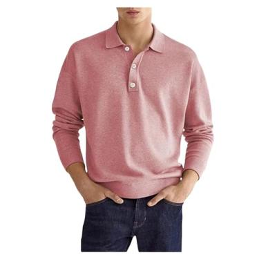 Imagem de Camisa polo masculina meia frente botões cor sólida gola larga cintura elástica, Rosa, XG