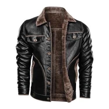 Imagem de Jaqueta masculina de lã, gola de lapela, de couro, espessa, jaqueta de inverno com botões, casaco quente casual, Preto, 3G