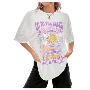 Imagem de SOLY HUX Camiseta feminina estampada fofa manga curta roupas casuais vintage verão camiseta grande, Letra branca e roxa, G