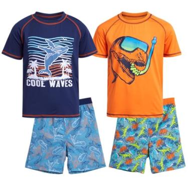 Imagem de Quad Seven Conjunto Rashguard para meninos - Conjunto de camisa de natação e roupa de banho de manga curta (4 peças), Dino/azul-marinho laranja, 5-6