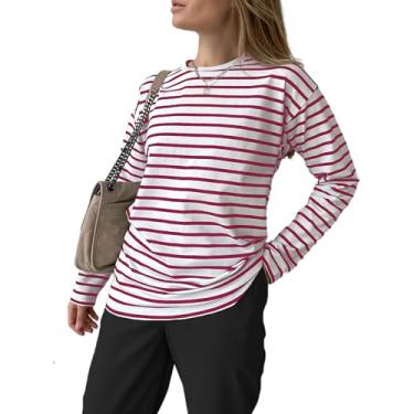 Imagem de LilyCoco Camisetas femininas listradas de manga comprida, gola redonda, ajuste solto, túnica camisetas básicas, Listrado branco e vermelho, M