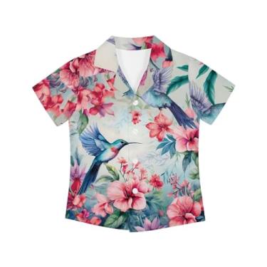 Imagem de Pugasmiru Camisa havaiana unissex infantil, gola alta, botão macio, manga curta, verão para acampamento, Beija-flor floral, 13-14 Years