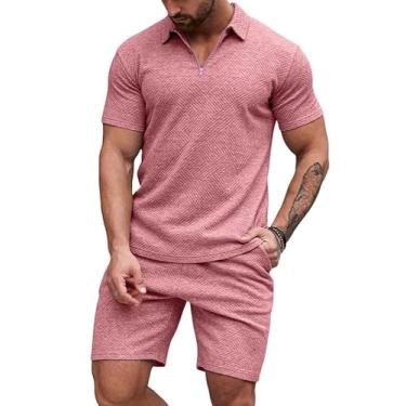 Imagem de JMIERR Conjunto de camisa polo e shorts masculinos cor lisa textura geométrica casual manga curta 2 peças roupas moletom verão, Rosa, XXG