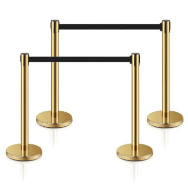 Imagem de MICHELANGELO Kit 4 Pedestais Premium Organizador Separador de Fila Dourado com Fita Retrátil Preta 2 Metros Anti-Oxidante