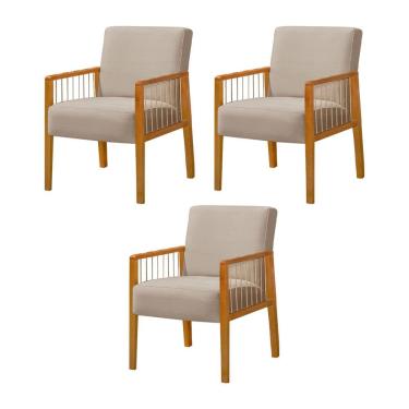 Imagem de Kit 3 Poltronas Decorativa Base em Madeira Maciça e Corda Náutica Copacabana Veludo Bege