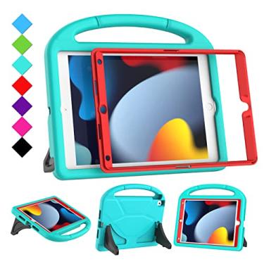 Imagem de RTOBX Capa para iPad 10.2 e 10.5 para crianças, iPad 9ª/8ª/7ª geração 10,2 polegadas 2021 2020 2019 capa com protetor de tela, iPad Air 3ª geração/Pro 10,5 polegadas com suporte de alça, ciano e vermelho