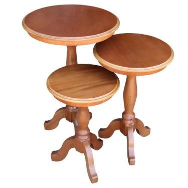 Imagem de Conjunto 3 Mesas de Apoio Lateral Redonda Madeira Maciça Jovi Amêndoa 