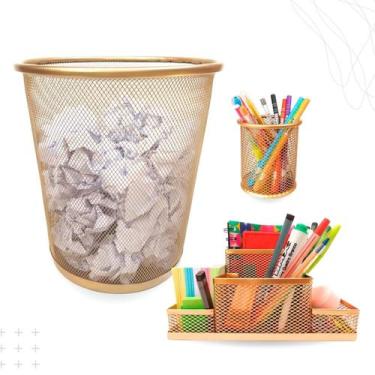 Imagem de Kit Organizador, Porta Caneta e Lixeira Escritório Dourado - Markys St