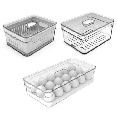 Imagem de Kit 2 Organizador Geladeira + 1 Porta Ovos Transparente - Ou