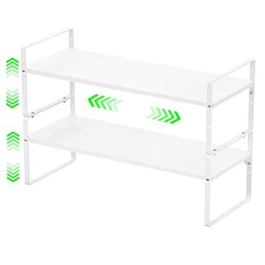 Imagem de LOCVCDA Prateleira expansível para armário de cozinha, organizador empilhável de prateleiras de armazenamento de despensa de metal, suporte de especiarias com altura ajustável para armário de cozinha,