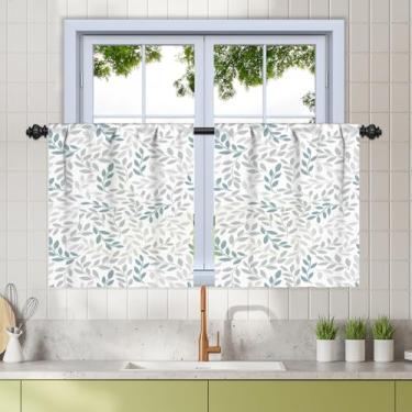 Imagem de Renaiss 66 x 91 cm Cortinas de janela de cozinha com folhas azuis cinza sobre a pia cortinas botânicas rústicas de meia janela com bolso para varão de luz para quinta, banheiro, porão, 2 painéis